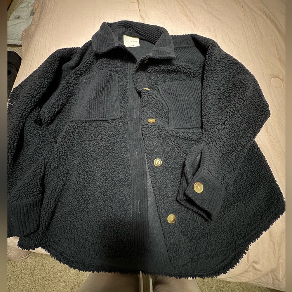 Navy Sherpa Shacket with Buttons